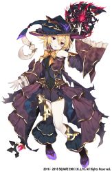 Rule 34 | 1girl, arm up, bare shoulders, black hat, blonde hair, bow, breasts, brown dress, character request, commentary request, detached sleeves, dress, full body, grimms notes, hair between eyes, hat, head tilt, high heels, long sleeves, looking at viewer, parted lips, purple footwear, red eyes, shoes, simple background, sleeveless, sleeveless dress, small breasts, solo, staff, star (symbol), striped, striped bow, watermark, white background, wide sleeves, witch hat, yappen, yellow bow