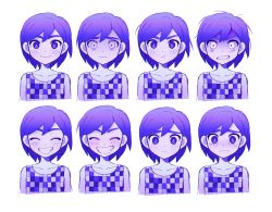 Rule 34 | 1boy, angry, blush, bright pupils, closed eyes, closed mouth, collarbone, colored skin, crying, crying with eyes open, expressions, facing viewer, grin, highres, kel (headspace) (omori), kel (omori), looking at viewer, omori, parted lips, pout, pouty lips, purple eyes, purple hair, sad, short hair, simple background, smile, tears, teeth, thxzmgn, white background, white pupils, white skin