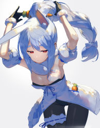 Rule 34 | 1girl, absurdres, alternate hairstyle, animal ear fluff, animal ears, black gloves, black leotard, black pantyhose, blue hair, blue ribbon, bow, braid, braided ponytail, breasts, bridal garter, carrot hair ornament, cleavage, cowboy shot, detached sleeves, don-chan (usada pekora), dress, food-themed hair ornament, fur-trimmed dress, fur-trimmed gloves, fur trim, gloves, grey background, hair bow, hair ornament, hairdressing, half-closed eyes, hands up, highres, holding, holding own hair, hololive, leaning forward, leotard, leotard under clothes, long hair, medium breasts, multicolored hair, pantyhose, pocket, puffy short sleeves, puffy sleeves, rabbit ears, red eyes, ribbon, ribbon trim, scarf, scottie (phantom2), short sleeves, simple background, single braid, solo, strapless, strapless dress, strapless leotard, thigh gap, two-tone hair, usada pekora, usada pekora (1st costume), virtual youtuber, white dress, white hair