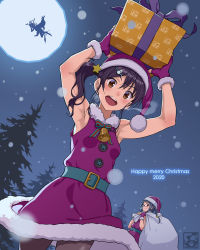 Rule 34 | 2020, 3girls, :d, armpits, arms up, bare arms, bare shoulders, bell, belt, belt buckle, black hair, black legwear, blush, box, braid, breasts, brown eyes, buckle, cowboy shot, dress, english text, fingerless gloves, fir tree, full moon, fur-trimmed dress, fur-trimmed gloves, fur collar, fur trim, gift, gift box, glasses, gloves, hair ornament, hairclip, hat, highres, holding, holding gift, long hair, looking at viewer, moon, multiple girls, night, night sky, open mouth, original, pairan, pantyhose, purple dress, purple gloves, purple hair, purple headwear, santa hat, silhouette, sky, small breasts, smile, snowman hair ornament, star (symbol), star hair ornament, teeth, tree, twin braids, upper teeth only