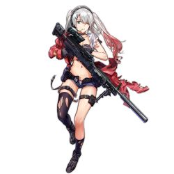 Rule 34 | 1girl, asymmetrical legwear, belt, bipod, black gloves, black thighhighs, blue eyes, breasts, cleavage, covering privates, covering one breast, eyebrows, full body, general-purpose machine gun, general dynamics, girls&#039; frontline, gloves, grey hair, gun, hair between eyes, hair ornament, hair over one eye, hairclip, headphones, headset, holster, jacket, legs, lightweight medium machine gun, lonestar future weapons, long twintails, looking at viewer, lwmmg (girls&#039; frontline), machine gun, multicolored hair, navel, off shoulder, official art, one eye closed, open clothes, open shorts, panties, parted lips, prototype design, red hair, red jacket, rff (3 percent), scope, shirt, shorts, solo, strap, suppressor, thighhighs, torn clothes, torn jacket, torn shirt, torn thighhighs, transparent background, trigger discipline, true velocity, twintails, underwear, uneven legwear, weapon, white panties, white shirt