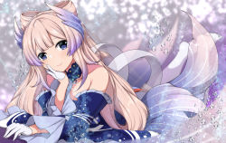 Rule 34 | 1girl, arm support, bare shoulders, blunt bangs, choker, collarbone, commentary, detached sleeves, english commentary, genshin impact, gloves, gradient hair, hair ornament, head rest, highres, long hair, long sleeves, looking at viewer, low twintails, multicolored hair, nontraditional miko, pink hair, purple eyes, sangonomiya kokomi, sheita, smile, solo, twintails, white gloves, wide sleeves