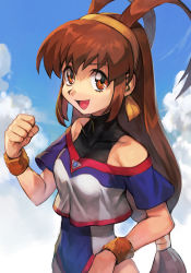 Rule 34 | 1girl, antenna hair, battle athletes, blue sky, breasts, brown eyes, brown hair, clenched hand, cloud, collarbone, crop top, crop top overhang, day, gym uniform, hairband, hand up, happy, hungry clicker, kanzaki akari, leotard, leotard under clothes, long hair, looking at viewer, low-tied long hair, medium breasts, open mouth, outdoors, sidelocks, sky, solo, very long hair, wristband