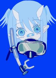 Rule 34 | 1girl, bandaid, bandaid on face, bandaid on nose, blue background, blue eyes, blue hair, blue theme, colored skin, covered mouth, diving mask, diving mask around neck, flat color, goggles, head only, highres, horns, light blue hair, looking at viewer, medium hair, original, pointy ears, portrait, simple background, snorkel, solo, straight-on, two side up, urokogaran, white skin