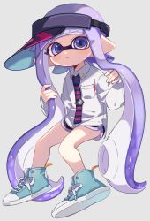 Rule 34 | 1girl, aqua footwear, bad id, bad twitter id, black hat, black shorts, blue eyes, blue hair, blue necktie, blunt bangs, closed mouth, cross-laced footwear, dolphin shorts, dress shirt, floating, frown, full body, grey background, hand in own hair, hat, inkling, inkling girl, inkling player character, long hair, long sleeves, looking at viewer, maco spl, mask, necktie, nintendo, pink necktie, pointy ears, shirt, shoes, short shorts, shorts, sideways hat, sneakers, solo, striped necktie, striped neckwear, tentacle hair, tie clip, two-tone neckwear, very long hair, visor cap, white shirt, wing collar