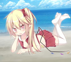 Rule 34 | 1girl, adapted costume, alternate costume, annoyed, bad id, bad pixiv id, beach, blonde hair, blue sky, blush, cloud, crystal, day, flandre scarlet, full body, hair ornament, hair ribbon, legs up, little red riding hood, looking at viewer, lying, miniskirt, namayakeinu, ocean, on stomach, open clothes, open mouth, open shirt, outdoors, pointy ears, ribbon, sand, shirt, side ponytail, skirt, sky, solo, thighhighs, touhou, white thighhighs, wings, zettai ryouiki