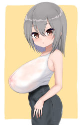 Rule 34 | 1girl, :o, absurdres, bare shoulders, black skirt, blush, border, breasts, brown eyes, denim, denim skirt, from side, hair between eyes, highres, huge breasts, looking at viewer, looking to the side, medium hair, nipples, oppai loli, original, outside border, parted lips, pencil skirt, sagging breasts, sayo ayato, see-through, shirt, shirt tucked in, silver hair, simple background, skirt, sleeveless, sleeveless shirt, solo, sweat, wet, wet clothes, wet shirt, white shirt, yellow background