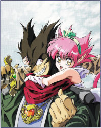 Rule 34 | 1980s (style), 1girl, absurdres, animal ears, bare shoulders, claws, fang, furry, highres, hug, medal, mon-mon (miyazaki kenjin), official art, retro artstyle, pink hair, retro artstyle, sword, weapon, yellow eyes