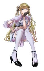 Rule 34 | 1girl, black footwear, black gloves, blonde hair, blue eyes, breasts, cattleya regina games, closed mouth, clothing cutout, crop top, double bun, elbow rest, gloves, hair bun, half gloves, hanabusa lisa, hand on own hip, high heels, highres, invisible chair, looking at viewer, midriff, miniskirt, otimusyairoha, pink skirt, revision, shirt, shrug (clothing), sidelocks, sitting, skirt, small breasts, smile, solo, strappy heels, thighhighs, twintails, virtual youtuber, vspo!, white shirt, white thighhighs