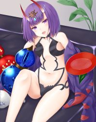 Rule 34 | 1girl, :d, alcohol, bare shoulders, commentary request, couch, cup, fangs, fate/grand order, fate (series), gourd, head tilt, headpiece, horns, indoors, japanese clothes, kimono, knee up, looking at viewer, misui, navel, off shoulder, on couch, oni, open clothes, open kimono, open mouth, plant, purple eyes, purple hair, purple kimono, revealing clothes, sakazuki, sake, short eyebrows, shuten douji (fate), sitting, skin-covered horns, smile, solo, thick eyebrows