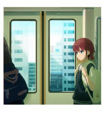 Rule 34 | 1girl, backpack, bag, black sweater vest, blush, building, closed mouth, commentary, day, girls band cry, hashtag-only commentary, highres, iseri nina, red hair, reed (yms5zyxdjjifxi4), shadow, shirt, short sleeves, short twintails, smile, solo, sweater vest, train interior, twintails, upper body, white shirt