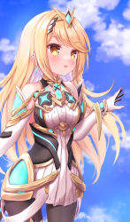 Rule 34 | 1girl, bare shoulders, black pantyhose, blonde hair, breasts, chest jewel, cleavage, dress, earrings, elbow gloves, gem, gloves, headpiece, highres, jewelry, long hair, mythra (massive melee) (xenoblade), mythra (xenoblade), pantyhose, refia (lollipop star), short dress, sky, solo, swept bangs, tiara, tsundere, very long hair, white dress, white gloves, xenoblade chronicles (series), xenoblade chronicles 2, yellow eyes