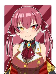 Rule 34 | 1girl, 2022, blush, hair ribbon, heterochromia, highres, hololive, houshou marine, houshou marine (1st costume), iamghostskull, outline, pirate, red hair, ribbon, thick outlines, twintails, virtual youtuber, white outline