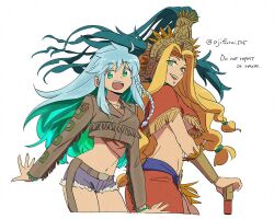 Rule 34 | 2girls, :d, asaya minoru, blonde hair, blue hair, blue shorts, breasts, brown jacket, cropped jacket, cutoffs, english text, fang, fate/grand order, fate (series), fringe trim, green eyes, green hair, jacket, jewelry, kukulkan (fate), long hair, looking at viewer, medium breasts, multicolored hair, multiple girls, navel, open mouth, parted bangs, pendant, quetzalcoatl (fate), short shorts, shorts, simple background, smile, twitter username, two-tone hair, underboob, very long hair, white background