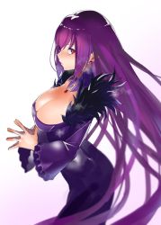 Rule 34 | 1girl, absurdres, breasts, cleavage, commentary request, dress, fate/grand order, fate (series), feather trim, fingers together, fur-trimmed dress, fur trim, hair between eyes, highres, jikatarou, large breasts, long hair, looking at viewer, purple dress, purple hair, red eyes, scathach (fate), scathach skadi (fate), simple background, solo, white background