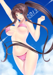 Rule 34 | 10s, 1girl, 2013, bikini, blue eyes, breasts, brown hair, cloud, day, kai (link2262), large breasts, long hair, navel, open mouth, original, ponytail, sky, solo, striped bikini, striped clothes, swimsuit, very long hair
