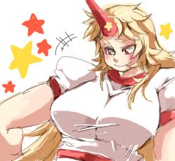 Rule 34 | 1girl, bad id, bad pixiv id, blonde hair, breasts, eyebrows, female focus, horns, hoshiguma yuugi, iroyopon, large breasts, long hair, red eyes, simple background, single horn, sketch, smile, solo, thick eyebrows, touhou, white background