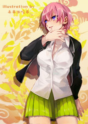 Rule 34 | 1girl, absurdres, blazer, blouse, blue eyes, breasts, collared shirt, commentary request, dress shirt, earrings, go-toubun no hanayome, green skirt, hair between eyes, hand on own chin, hand up, highres, jacket, jewelry, large breasts, nakano ichika, pink hair, pleated skirt, school uniform, scturkv0921, shirt, short hair, skirt, solo, thighs, thumb to chin, white shirt