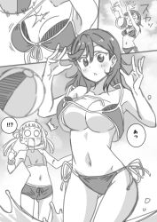 Rule 34 | !?, 2girls, arashi chisato, arms up, ball, beach volleyball, bikini, blurry, blush, bouncing, breasts, chestnut mouth, cloud, comic, commentary, depth of field, double bun, hair between eyes, hair bun, love live!, love live! superstar!!, marugoshi teppei, medium breasts, medium hair, monochrome, multiple girls, navel, o o, outside border, panels, playing sports, shibuya kanon, small breasts, sound effects, speech bubble, splashing, surprised, swimsuit, teardrop, translated, two-tone bikini, undone bikini, volleyball, volleyball (object), wardrobe malfunction, water