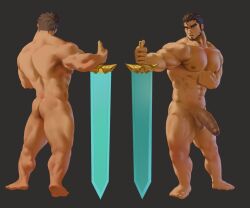 Rule 34 | 1boy, abs, ass, bara, beard, brown hair, completely nude, dark-skinned male, dark skin, facial hair, forked eyebrows, full beard, gazef stronoff, girthy penis, greatsword, hair slicked back, highres, lang zha zha, large penis, looking at viewer, male focus, mature male, multiple views, muscular, muscular male, navel, nipples, nude, overlord (maruyama), penis, planted, planted sword, planted weapon, short hair, standing, stomach, strongman waist, sword, thick eyebrows, thick thighs, thighs, weapon