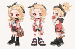 Rule 34 | 1girl, black bow, black footwear, black hairband, black shorts, blonde hair, bow, closed mouth, commentary request, ear piercing, earrings, eating, food, full body, hairband, highres, holding, holding food, jacket, jewelry, letterman jacket, medium hair, multiple views, myon rio, nintendo, octoling, octoling girl, octoling player character, piercing, ponytail, red eyes, sandals, short shorts, shorts, simple background, sleeves past fingers, sleeves past wrists, splatoon (series), standing, tentacle hair, toes, white background, yellow trim