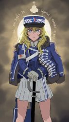Rule 34 | 1girl, bc freedom (emblem), bc freedom military uniform, blonde hair, blue eyes, buttons, double-breasted, emblem, expressionless, french text, girls und panzer, hair between eyes, hat, highres, jacket, jacket on shoulders, long hair, looking at viewer, oshida (girls und panzer), planted, planted sword, planted weapon, school uniform, skirt, solo, spread legs, sword, wani (perfect han), wavy hair, weapon, white skirt