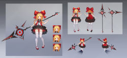 Rule 34 | 1girl, absurdres, blonde hair, blush, bow, character sheet, dress, frilled dress, frills, gradient background, hair between eyes, hair bow, highres, holding, holding polearm, holding spear, holding weapon, incredibly absurdres, long hair, multiple views, open mouth, original, oversized clothes, panties, polearm, red bow, red eyes, red footwear, shio (shiofeifei), spear, standing, striped clothes, striped panties, thighhighs, underwear, weapon, white thighhighs