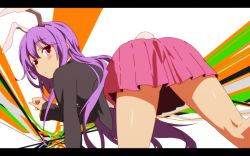 Rule 34 | 1girl, all fours, animal ears, rabbit ears, female focus, legs, looking back, purple hair, red eyes, reisen udongein inaba, skirt, solo, touhou, white background