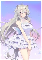 Rule 34 | 1girl, ahoge, animal ears, blush, breasts, dress, frilled dress, frills, grey eyes, grey hair, highres, hololive, large breasts, layered dress, lion ears, lion girl, lion tail, long hair, looking at viewer, own hands together, shishiro botan, sleeveless, sleeveless dress, smile, solo, tail, virtual youtuber, white dress, zooanime
