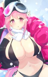 Rule 34 | 1girl, armpits, arms up, bikini, black bikini, blue archive, blush, breasts, cleavage, commentary request, eimi (blue archive), eimi (swimsuit) (blue archive), glacier, gluteal fold, goggles, goggles on head, highres, huge breasts, jacket, long hair, long sleeves, navel, no halo, open clothes, open jacket, outdoors, padded jacket, pink eyes, pink hair, pink jacket, scarf, side-tie bikini bottom, ski goggles, sleeves past wrists, snowing, solo, stomach, swimsuit, turupiko, white scarf