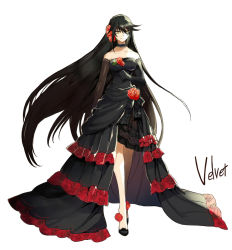 Rule 34 | 1girl, ankle flower, aonagi (a-lot-of), black dress, black footwear, black gloves, black hair, black sleeves, breasts, character name, choker, cleavage, collarbone, detached sleeves, dress, evening gown, floating hair, flower, full body, gloves, hair between eyes, high-low skirt, high heels, layered dress, long hair, long sleeves, looking at viewer, medium breasts, official alternate costume, pumps, red flower, red rose, rose, simple background, sleeveless, sleeveless dress, solo, standing, striped clothes, striped dress, tales of (series), tales of berseria, velvet crowe, very long hair, white background, yellow eyes