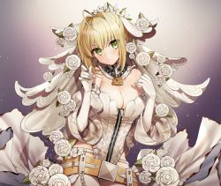 Rule 34 | 10s, 1girl, ahoge, bad id, bad pixiv id, bare shoulders, belt, blonde hair, blush, breasts, bridal veil, burnt clothes, chain, cleavage, closed mouth, contrapposto, cowboy shot, detached collar, detached sleeves, elbow gloves, fate/extra, fate (series), gambe, garter belt, gloves, gradient background, green eyes, hair intakes, head tilt, highres, large breasts, leotard, light particles, lock, long sleeves, looking at viewer, nero claudius (bride) (fate), nero claudius (bride) (second ascension) (fate), nero claudius (fate), nero claudius (fate) (all), padlock, purple background, short hair, sidelocks, smile, solo, sparkle, standing, strapless, strapless leotard, veil, waist cape, white gloves, white leotard, wide sleeves