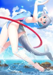 Rule 34 | absurdres, alternate costume, bare arms, bare shoulders, barefoot, blowhole, blue eyes, blue hair, blue one-piece swimsuit, cetacean tail, choker, common bottlenose dolphin (kemono friends), dolphin girl, dorsal fin, fins, fish tail, grey hair, head fins, highres, hoop, hula hoop, kemono friends, kemono friends 3, midair, multicolored hair, nelly (altsarespicy), one-piece swimsuit, short hair, sidelocks, splashing, swimsuit, tail, water, white choker