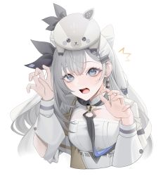 Rule 34 | 1girl, absurdres, breasts, earrings, grey eyes, grey hair, hair ribbon, highres, hololive, hololive indonesia, jewelry, kashiko (kshiko1), lock, long hair, open mouth, ribbon, simple background, small breasts, solo, teeth, vestia zeta, virtual youtuber, white background