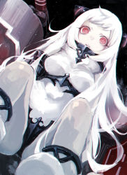 Rule 34 | 10s, 1girl, abyssal ship, airfield princess, breasts, cannon, colored skin, highres, horns, kantai collection, long hair, looking at viewer, mephisto (angraecum), open mouth, red eyes, sitting, solo, very long hair, white hair, white skin