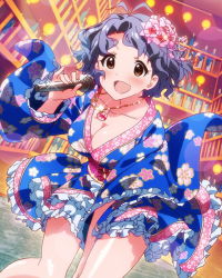 Rule 34 | 10s, 1girl, :d, artist request, bloomers, blue hair, breasts, brown eyes, cleavage, flower, frills, idolmaster, idolmaster million live!, japanese clothes, jewelry, kimono, large breasts, lolita fashion, looking at viewer, microphone, necklace, official art, open mouth, smile, solo, toyokawa fuka, underwear, wa lolita