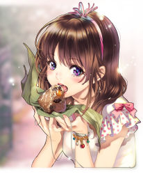 Rule 34 | 1girl, absurdres, blurry, blurry background, blush, bow, bracelet, brown hair, butterfly hair ornament, chushengdao, commentary request, eating, eyelashes, fingernails, food, gem, hair ornament, hairband, highres, holding, holding food, jewelry, kodomo no hi, leaf, light particles, lips, looking at viewer, medium hair, nail polish, open mouth, original, pink bow, pink hairband, pink nails, polka dot, purple eyes, saliva, shirt, short sleeves, solo, upper body, white shirt, zongzi