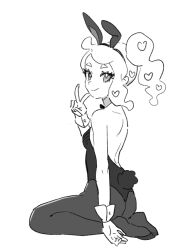 Rule 34 | 1girl, animal ears, choker, creatures (company), dede (qwea 00000), game freak, greyscale, hair ornament, heart, heart hair ornament, leotard, looking at viewer, monochrome, nintendo, playboy bunny, pokemon, pokemon swsh, rabbit ears, rabbit tail, side ponytail, simple background, sitting, smile, solo, sonia (pokemon), tail, v, wariza, white background, wrist cuffs