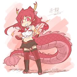 Rule 34 | 1girl, animal ears, belt, boots, dragon girl, dragon horns, dragon tail, extra ears, fingerless gloves, garter straps, gloves, highres, horns, kemono friends, long hair, looking at viewer, navel, necktie, red dragon (kemono friends), red eyes, red hair, shirabaki, shirt, shorts, simple background, sleeveless, solo, tail, thighhighs