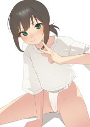 Rule 34 | 1girl, arm support, blush, brown hair, closed mouth, collarbone, fubuki (kancolle), fundoshi, green eyes, green nails, hair between eyes, hand up, highres, japanese clothes, kantai collection, looking at viewer, low ponytail, medium hair, nail polish, no pants, sakieko, shirt, short sleeves, sidelocks, simple background, sitting, smile, solo, spread legs, w, white background, white shirt