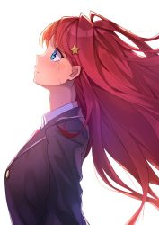 Rule 34 | 1girl, ahoge, bad id, bad pixiv id, blazer, blue eyes, blush, breasts, collared shirt, commentary request, crying, crying with eyes open, from side, go-toubun no hanayome, hair between eyes, hair ornament, jacket, large breasts, long hair, looking up, nakano itsuki, profile, red hair, red vest, school uniform, shirt, solo, star (symbol), star hair ornament, tears, user smfx4847, vest, white shirt