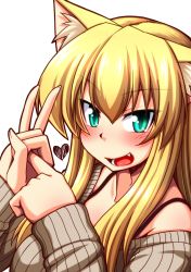 Rule 34 | 1girl, animal ears, blonde hair, cat ears, fang, green eyes, heart, long hair, looking at viewer, nokoppa, open mouth, original, penetration gesture, ribbed sweater, sexually suggestive, simple background, smile, solo, sweater, white background