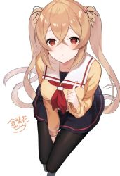Rule 34 | 1girl, black pantyhose, black ribbon, black serafuku, black skirt, blush, braid, breasts, brown eyes, brown hair, cardigan, flail, from above, hair flaps, kantai collection, kinsenka momi, light brown hair, long hair, long sleeves, looking at viewer, looking up, medium breasts, murasame (kancolle), neckerchief, pantyhose, parted lips, pleated skirt, red neckerchief, ribbon, school uniform, serafuku, single braid, sitting, skirt, solo, twintails, weapon