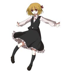 Rule 34 | 1girl, bad id, bad pixiv id, blonde hair, embodiment of scarlet devil, female focus, full body, kame, kneehighs, outstretched arms, red eyes, ribbon, rumia, simple background, socks, solo, spread arms, touhou, white background