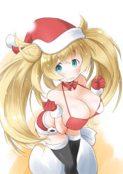 Rule 34 | 1girl, absurdres, bikini, bikini top only, black footwear, blonde hair, blue eyes, boots, breasts, christmas, commentary request, feet out of frame, fur-trimmed gloves, fur-trimmed headwear, fur-trimmed legwear, fur-trimmed shorts, fur trim, gambier bay (kancolle), gloves, hat, highres, kantai collection, large breasts, one-hour drawing challenge, red bikini, red gloves, red hat, red shorts, santa hat, shorts, simple background, solo, standing, star (symbol), star print, swimsuit, taisinkoku, thigh boots, thighhighs, twintails, white background
