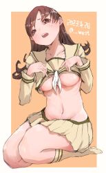 Rule 34 | 1girl, breasts, brown eyes, brown hair, clothes lift, dated, highres, kantai collection, lifted by self, long hair, long sleeves, medium breasts, n-mori, navel, neckerchief, one-hour drawing challenge, ooi (kancolle), ooi kai ni (kancolle), orange background, pleated skirt, sailor collar, seiza, shirt, shirt lift, sitting, skirt, solo, twitter username, underboob, white neckerchief, yellow sailor collar, yellow shirt, yellow skirt