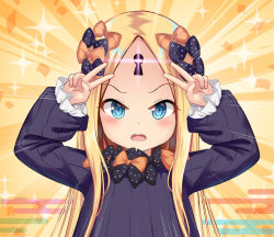 Rule 34 | 1girl, abigail williams (fate), arms up, black bow, black dress, blonde hair, blue eyes, blush, bow, commentary request, double v, dress, egasumi, emotional engine - full drive, fate/grand order, fate (series), glowing, hair bow, keyhole, long hair, long sleeves, looking at viewer, milkshakework, multiple hair bows, no headwear, open mouth, orange bow, parted bangs, polka dot, polka dot bow, sleeves past wrists, solo, sparkle, v, v-shaped eyebrows
