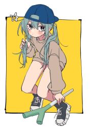 Rule 34 | 1girl, 3774., alternate costume, aqua eyes, aqua hair, backwards hat, bare legs, baseball cap, blue hat, bottomless, brown sweater, casual, food, hair between eyes, hand in own hair, hat, hatsune miku, holding, holding food, holding own hair, holding spring onion, holding vegetable, long hair, looking at viewer, platform footwear, red nails, simple background, solo, spring onion, star (symbol), streetwear, sweater, thighs, twintails, v-shaped eyebrows, vegetable, vocaloid, yellow background