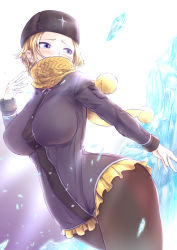 Rule 34 | 1girl, alternate costume, alternate hairstyle, black pantyhose, blonde hair, blue eyes, blush, breasts, bro.you-yan, coat, fur hat, hat, highres, ice, kolin, large breasts, looking to the side, miniskirt, pale skin, pantyhose, scarf, short hair, skirt, solo, standing, street fighter, street fighter v, thick thighs, thighs, ushanka, wide hips, winter clothes, winter coat
