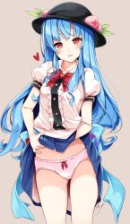 Rule 34 | 1girl, bad id, bad pixiv id, black hat, blue hair, blue skirt, bow, bow panties, bowtie, center frills, clothes lift, cowboy shot, food, frills, fruit, hat, heart, highres, hinanawi tenshi, lifted by self, long hair, looking at viewer, maremay0513, panties, peach, pink panties, puffy short sleeves, puffy sleeves, red bow, red bowtie, red eyes, shirt, short sleeves, simple background, skirt, skirt lift, smile, solo, touhou, underwear, very long hair, white shirt